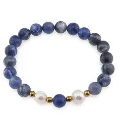 Bratara pe elastic Perle de cultura, bumbi aurii si Sodalit A+ sfere 8mm