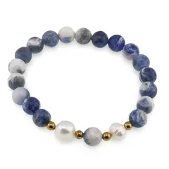 Bratara pe elastic Perle de cultura, bumbi aurii si Sodalit deschis sfere 8mm