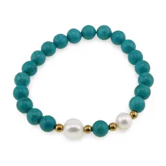 Bratara pe elastic Perle de cultura, bumbi aurii si Turcoaz tratat sfere 8mm