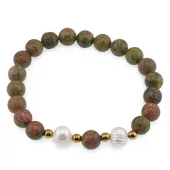 Bratara pe elastic Perle de cultura, bumbi aurii si Unakit sfere 8mm