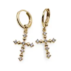 Cercei din cupru placat cu aur galben 18k, model cruce cu zirconii