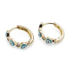 Cercei din cupru placat cu aur galben 18k, model rotund cu ochi protector albastru