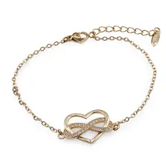 Bratara Cupru placat cu aur galben 18k, reglabila, cu zale mici, charm infinit si inima cu zirconii