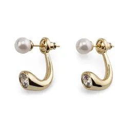 Cercei cupru placat cu aur galben 18k cu perla si zirconii model curbat