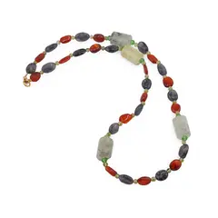Colier Carneol si Iolith neuniform 8-10mm, Peridot sfere 3mm si Prehnit tuburi fatetate 14mm
