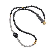 Colier Turmalina si Labradorit sfere 4mm, Hematit auriu cuburi 4mm, Iolith neuniform 10mm, Onix neuniform 14mm