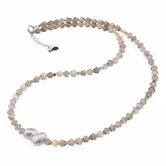 Colier Cuart Fumuriu romburi fatetate 4mm, mix cristale sfere 2mm, Perla 14mm si argint 925