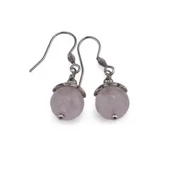 Cercei cu agatatoare Cuart roz sfera fatetata 10mm si element floral
