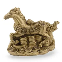 Statueta Feng Shui din rasina Cal auriu cu broasca raioasa si salba de monede, 11cm