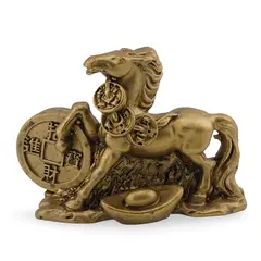 Statueta Feng Shui din rasina Cal auriu cu moneda, salba si pepite, 9cm