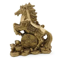 Statueta Feng Shui din rasina Cal auriu cu moneda si pepite, 11cm