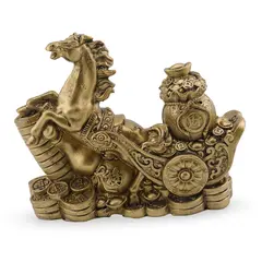 Statueta Feng Shui din rasina Cal auriu cu trasura, sacul bogatiei, monede si pepite, 11cm