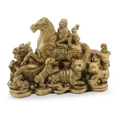 Statueta Feng Shui din rasina Cal auriu cu zodiacul chinezesc pe Monede si pepite, 14cm