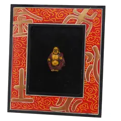 Tablou cu rama din lemn Buddha vesel, 28cm x 24cm