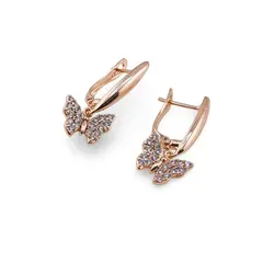 Cercei Cupru placat cu Aur rose 14k, model clasic cu fluturi si zirconii