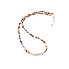 Colier Goldstone maro si albastru fatetate 3mm, Agat fatetat 4mm, Perle de cultura 5-6mm cu elemente aurii