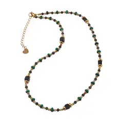 Colier Malachit rondele 4-5mm, Cuart Fumuriu fatetat 3mm, Onix cub 4mm si elemente aurii