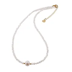 Colier Sidef alb sfere 3mm, elemente aurii si Perla 9mm