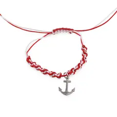 Bratara reglabila, snur alb si rosu cu charm ancora