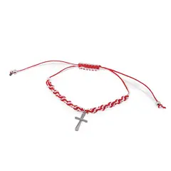 Bratara reglabila, snur alb si rosu cu charm cruce