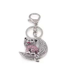 Breloc pisica roz si luna cu zirconii