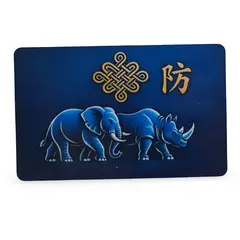Card feng shui din plastic Elefant si Rinocer albastru cu Nodul Mistic pentru protectie, 2026