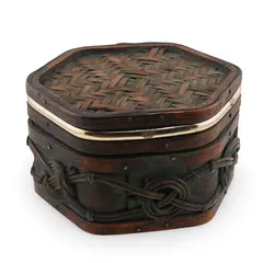 Cutie vintage din lemn si ratan, model impletit - 14cm