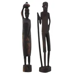 Set statuete vintage din lemn cuplu african cu vas pe cap si toiag, 30cm