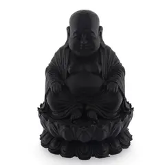 Statueta feng shui Buddha vesel pe floare de lotus, 9cm - negru