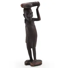 Statueta vintage din lemn femeie tribala cu greutate pe cap, 37cm