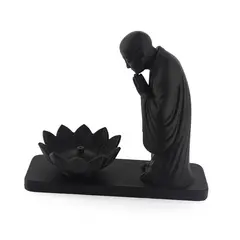 Suport ardere betisoare parfumate calugar si floare de lotus - negru