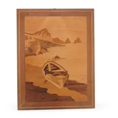 Tablou vintage din lemn sculptat, peisaj marin cu barca, 28cm