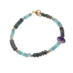 Bratara Opal de foc negru discuri fatetate 4-5mm, Apatit discuri fatetate 4mm, Ametist disc fatetat 9mm si elemente aurii