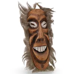 Masca vintage din lemn, model cu par din fibre naturale - 30cm