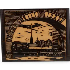 Tablou vintage din lemn cu gravura arhitecturala, 27cm