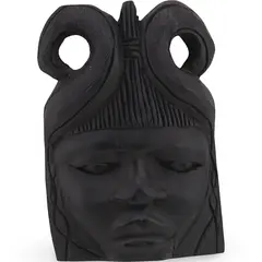 Bust vintage din lemn, figurina tribala cu coarne ormanentale - 23,5cm