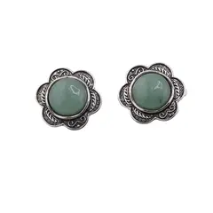 Cercei cu clipsuri Aventurin in montura argintie - model floare, 26mm