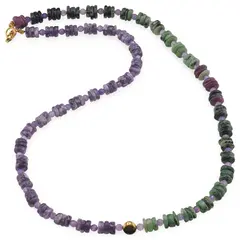 Colier Rubin in zoisit si Lepidolit rondele 6mm, Ametist sfere fatetate 4mm si Hematit auriu