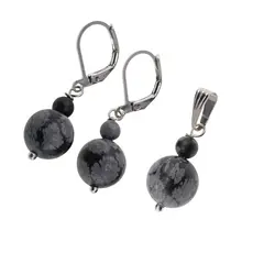 Set cercei si pandantiv Obsidian fulg de nea, sfere 10mm si 4mm