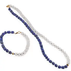 Set colier si bratara Lapis Lazuli si Piatra lunii rondele 7mm, Lapis lazuli sfere fatetate 2mm si Hematit auriu
