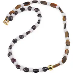 Colier Granat si Ochi de tigru neregulat 8-10mm, Opal alb patratele 5mm si Hematit auriu