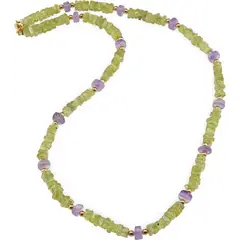 Colier Peridot patratele 4mm, Ametist rondele 6mm si bumbi aurii