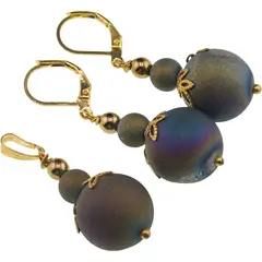 Set cercei si pandantiv Cuart Titan Aura sfere 6-15mm cu flori aurii