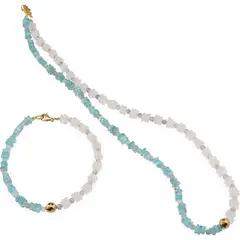 Set colier si bratara Cuart roz si Acvamarin patratele 5mm, Acvamarin sfere 3mm si Hematit auriu