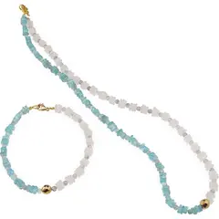 Set colier si bratara Cuart roz si Apatit patratele 5mm, Acvamarin sfere 3mm si Hematit auriu