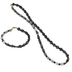 Set colier si bratara Cuart turmalinat rondele 5mm, Turmalina patratele 5mm si sfere 4mm, Hematit auriu