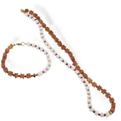 Set colier si bratara Opal alb si Granat hessonit patratele 5mm, Granat hessonit sfere 3mm si Hematit auriu