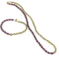 Set colier si bratara Peridot patratele 5mm, Granat rhodolit rondele 5mm si sfere 3mm, Hematit auriu