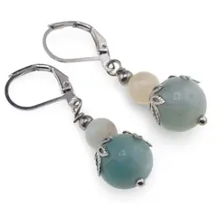 Cercei cu agatatoare Amazonit sfere si flori argintii, 6-10mm