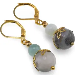 Cercei cu agatatoare Amazonit sfere si flori aurii, 6-10mm